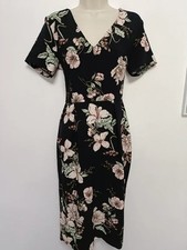 Oasis Floral Pink, Sage & Black V Neck Short Sleeved Midi Dress Size 12