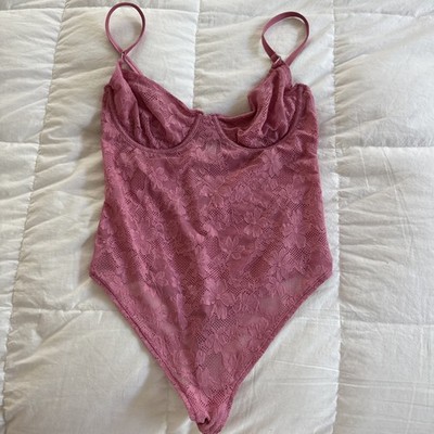 Fleur du Mal Sheer Pink Floral Lace Bodysuit, Size Medium Women s