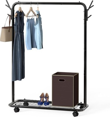 Re Industrial Style Garment Rack With Wheels And Hooks Black
