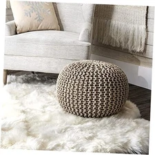  Bruges Knit Cotton Solid Round Filled Ottoman Pouf Beige