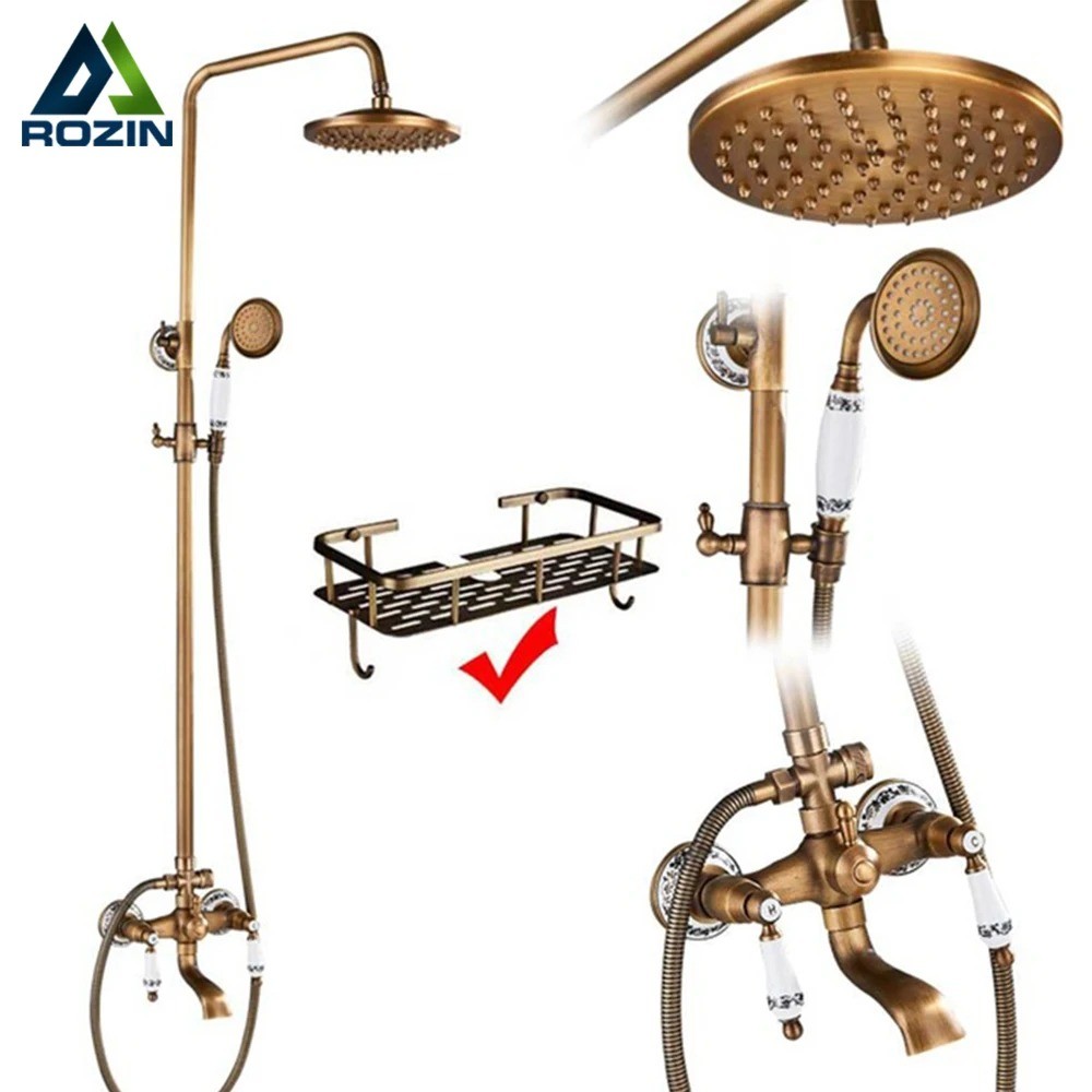 Rozin Antique Brass Shower System &ndash; 8" Rainfall Head, Dual
