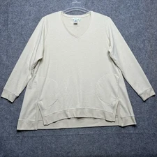 LOGO Lounge Pullover Womens 1X Ivory V Neck Long Sleeve Tunic Pockets Soft Top