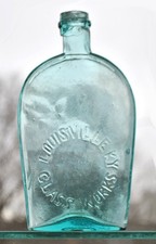 LOUISVILLE, KENTUCKY WHISKEY FLASK: Embossed Louisville Glass Works' aqua pint