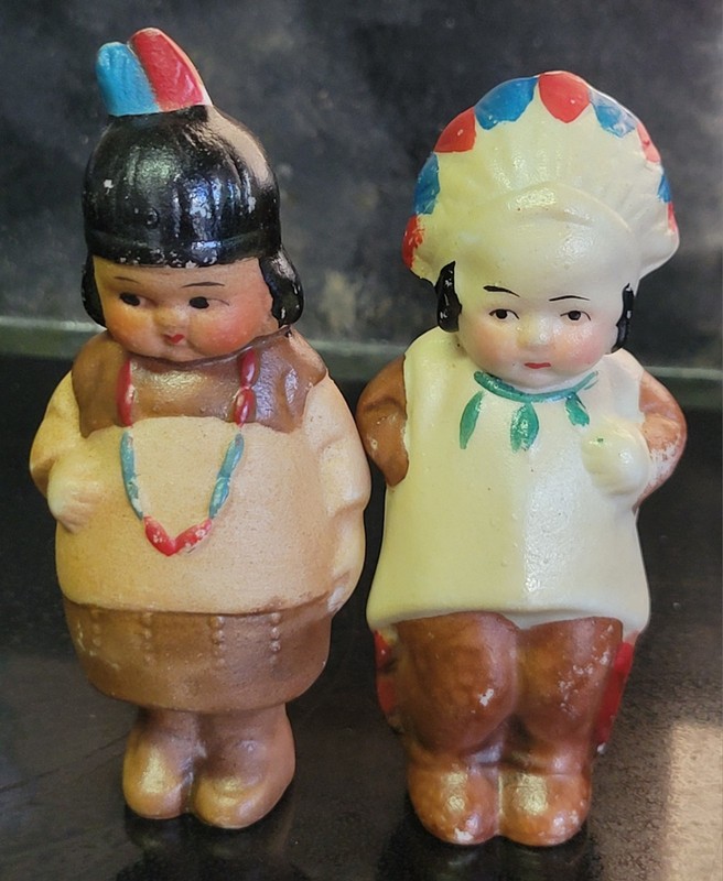 VTG Frozen Charlotte Penny Doll Set Bisque Figurine Native Indian Chief Boy Girl