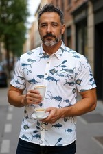 NEW Mens Jack ONeill Nautical Oars Fish motif SS hawaiian camp shirt button up M