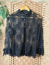 Whimsygoth Black Lace Mesh Shirt Velvet Collar Flare Cuff Ribbon Tie Sheer Sz 10
