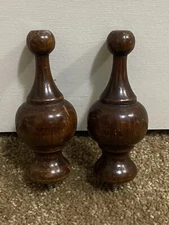1940's Old SOLID OAK Finials 4.50"  Screw On For Curtain Drapery Set Of 2