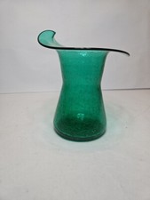 Vintage Mid Century Modern Seafoam Green Crackle Glass Vase 8.5 Inch Hand Blown