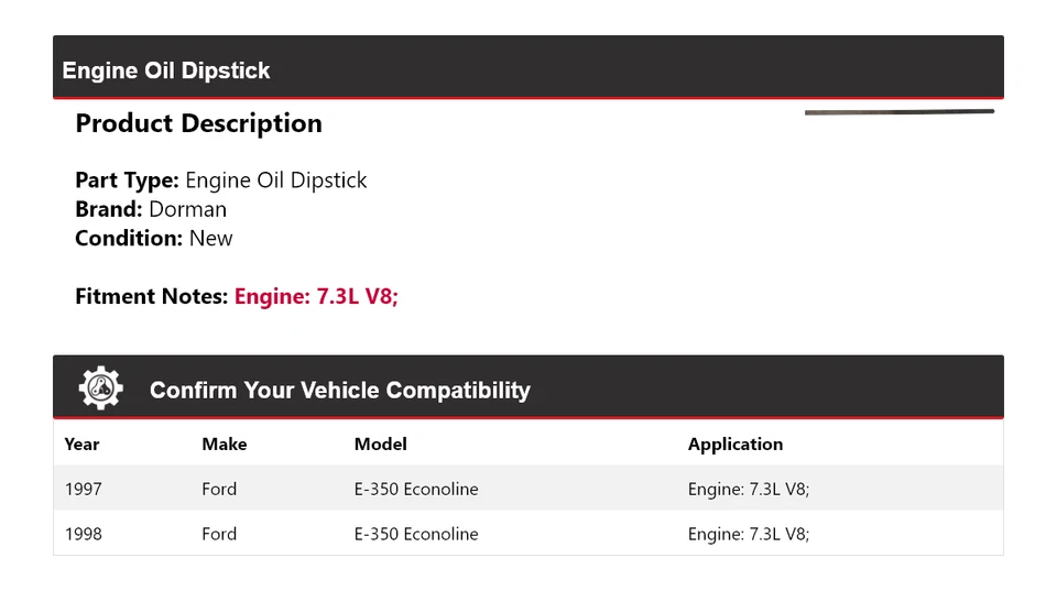 Vareta de óleo de motor Dorman 1997-1998 Ford E-350 Econoline 7.3L V8 - Imagem 2 de 4