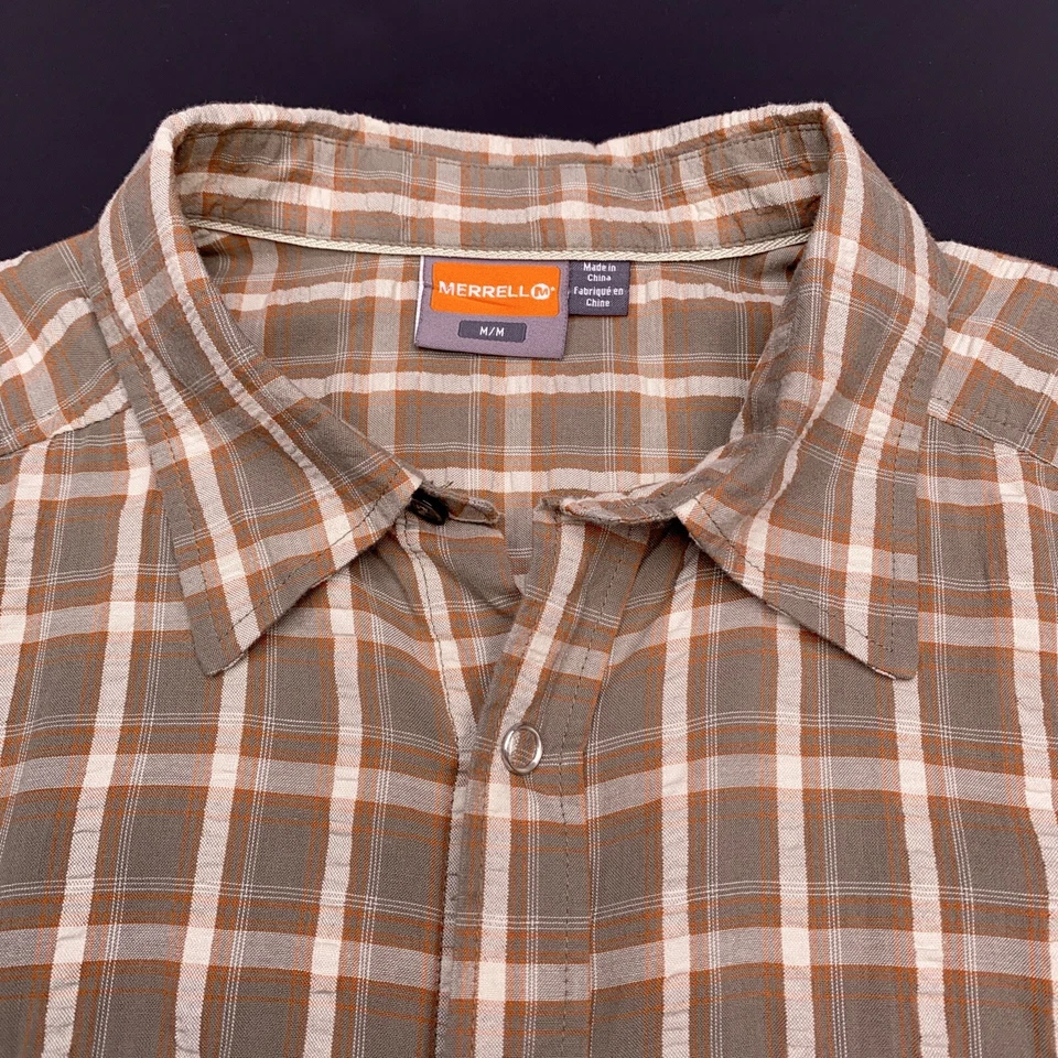Camisa Merrell Para Hombres Grande Marrón Abotonada Cuadros Bolsillos a Presión Campamento al Aire Libre Foto 4 de 4