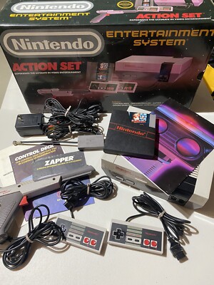 1989 NES Control Deck Console With Action Set Box, 2 Controllers, Zapper, Game