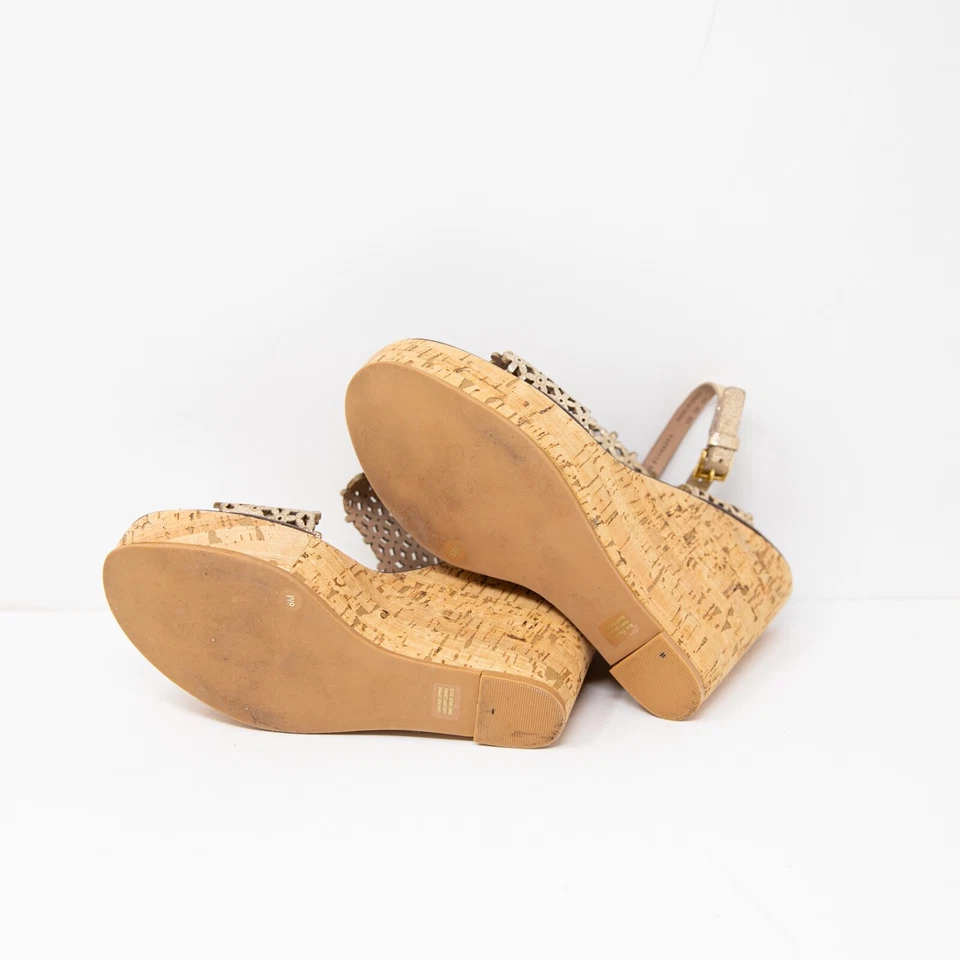 Tory Burch Margarita Cuero Genuino Perforado Floral Puntera Abierta Corcho Cuña Tacón Alto Foto 4 de 4