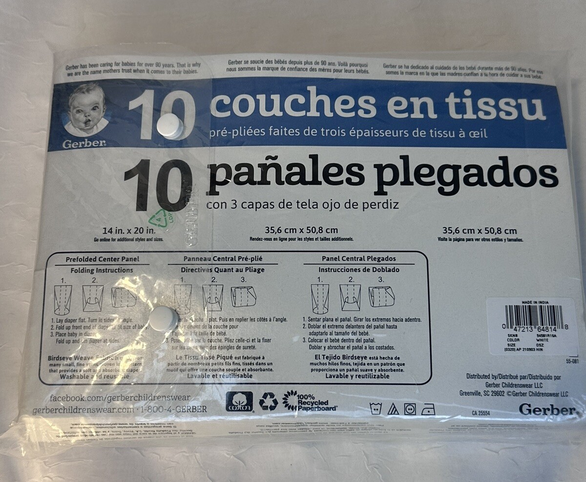 Gerber Prefold Birdseye 3Ply Cloth Diapers 10 Pack White 14” X 20
