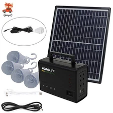 Solar Panel Power Generator Kit Battery Pack Power Station w/ 4 Bulbs Portable
