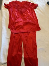 Vintage Vassarette Bright Red Silky Nylon Short Sleeve 2 piece Pajamas Size Med