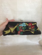 Vintage Embroidered Black Satin Evening Purse Christmas Themed Clutch