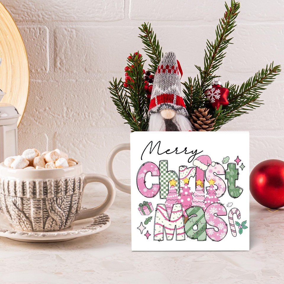 Pink Merry Christmas Desk Table Decor Sign, Christmas Signs for Home