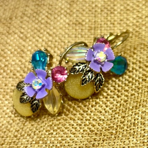 Betsey Johnson Multicolor Rhinestone Pink Blue Gold Tone Lever Back Earrings - Picture 9 of 15