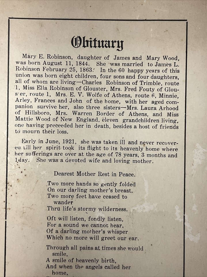 1921 Athens, Glouster, Ohio Obituary Mary E. Robinson (Wood) Born 1844