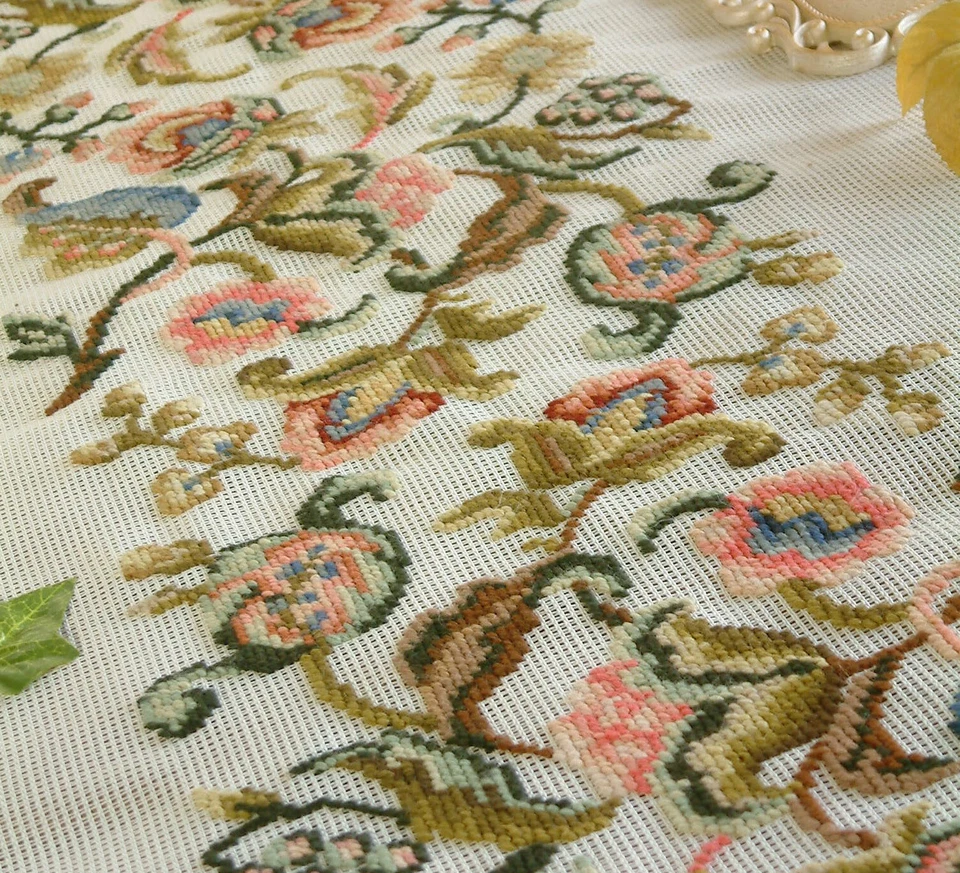 Huge Antique Vintage Full Blooming Jacobean Floral Preworked Needlepoint Canvas - Image 3 of 4