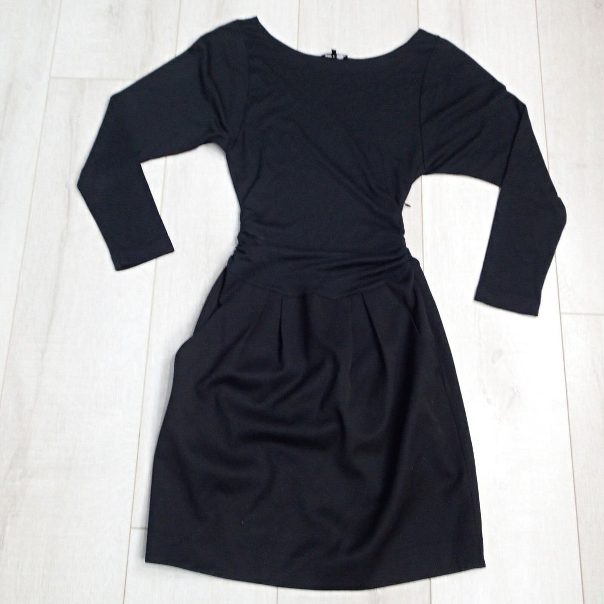 Theory Ruched side Long Sleeve Dress Size black wool bl pockets
