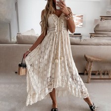 UK Women Floral Lace Summer Maxi Dress Ladies Loose Holiday Sundress Beach Dress