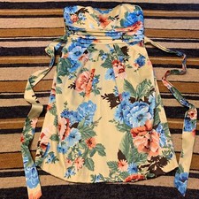 VTG Floral Strapless Mini Dress Yellow Blue Sweetheart Size 3 Y2K Babydoll