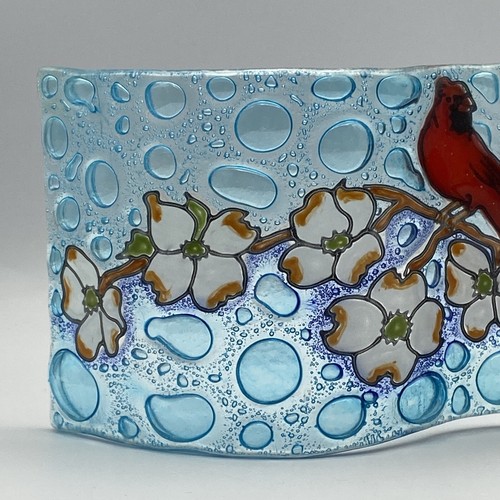 Piatto Onda Vetro Arte Fuso Pampeana Cardinali Dipinto A Mano Ecuador 10x4” - Foto 2 di 14