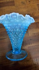 Vintage Fenton Aqua Blue Opalescent Hobnail 5.5" Ruffled Vase