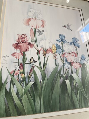 Carmel Foret Framed Watercolor Litho Floral Hummingbird 23.5x27.5  artist signed