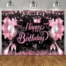 7x5FT Pink Black Glitter Happy Birthday Party Backdrop Photo Booth Banner Decor