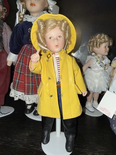 Shirley Temple Blonde Curly Hair Blue Eyes Yellow Coat & Hat with Display Stand