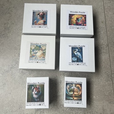 x6 Holzpuzzle Konvolut/Restposten | Größe A3-A4 | Mehrfarbig Schwan/Fee/Katze/etc