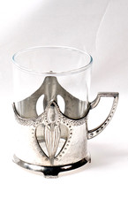 Antiker WMF Jugendstil Teeglashalter, Metall versilbert.Glaseinsatz: neu. (1X91)