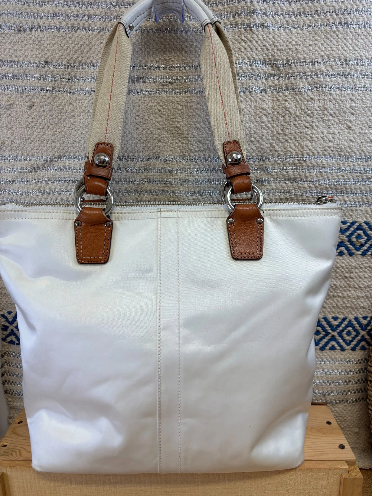 Borsa Coach Park bianca arancione nylon bordo pelle doppio manico chiusura cerniera tote bag