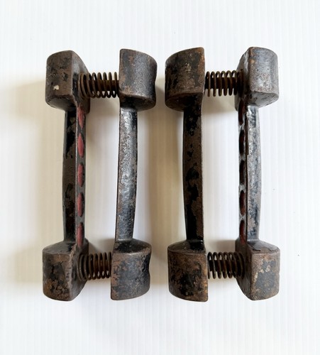 Vintage Antique Pair Of Cast Iron Spring Grip Dumbbells, 3lb Each