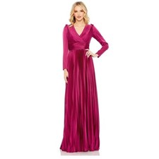 Ieena for Mac Duggal Berry Pink Pleated Satin Maxi Dress Long Sleeve V-Neck 2