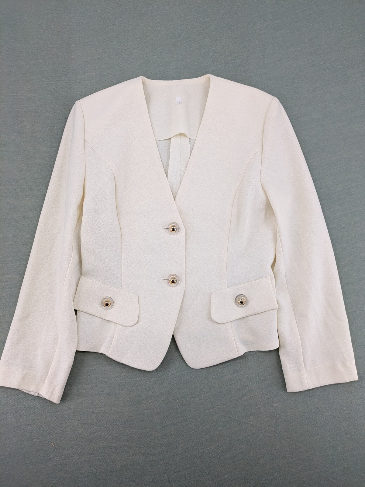 Damen Blazer Jacke Gr 38 Cremeweiß Vintage Kragenlos V-Ausschnitt Business