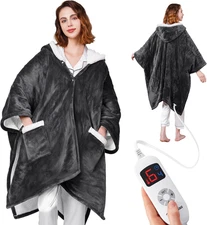 Wearable Heated Blanket with Pockets & Hood, 6 Heat Levels, Machine Washable
