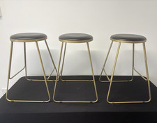 Set of 3 Modern Metal Backless Bar Stools Round Upholstered Black Seats Gold
