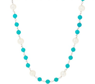 Honora Cultured Pearl & Turquoise Gemstone Bead 36'' Sterling Silver Necklace