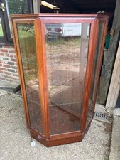 Corner Display Cabinet Glass Shelves Door Brown Wood Frame Lockable Key Vintage