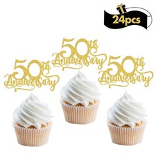 24Pcs Gold Glitter 50th Anniversary Cupcake Topper Happy 50th Cheers to 50 Ye...