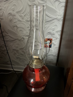 #ad Vintage Glass Kerosene Oil Lamp Red Bottom $35.00