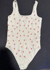 OQQ Women s White Cherry Print Stretch Bodysuit One Piece, Size M Regular