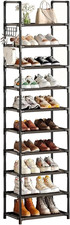 10-Tier Narrow Shoe Rack for Closet Holds 20 Pairs with Hanging Hooks Black