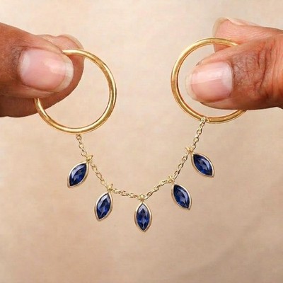 Marquise Blue Sapphire Drop Chain Ring, Sapphire Double Band Two Finger Ring