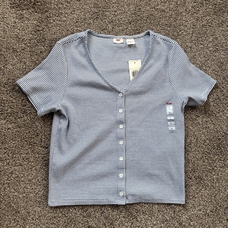 Levi’s Women’s Large Slim Fit  NWT Blue/white Striped V Neck Button Up Shirt