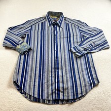 Robert Graham Shirt Mens Size Med Blue Gold Striped Long Sleeve Flip Cuff Trim