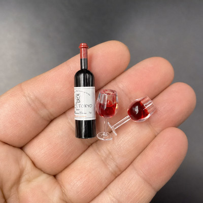 3PCS Miniature Wine Bottle 2 Glasses Dollhouse Bar Table Display Accessory